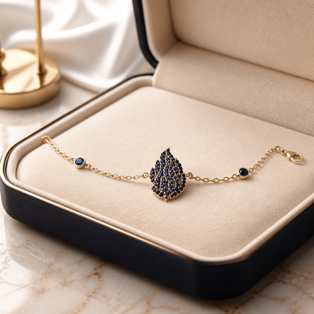 Bracelet flamme bleue plaqué or porté au poignet - Trendy's Jewels