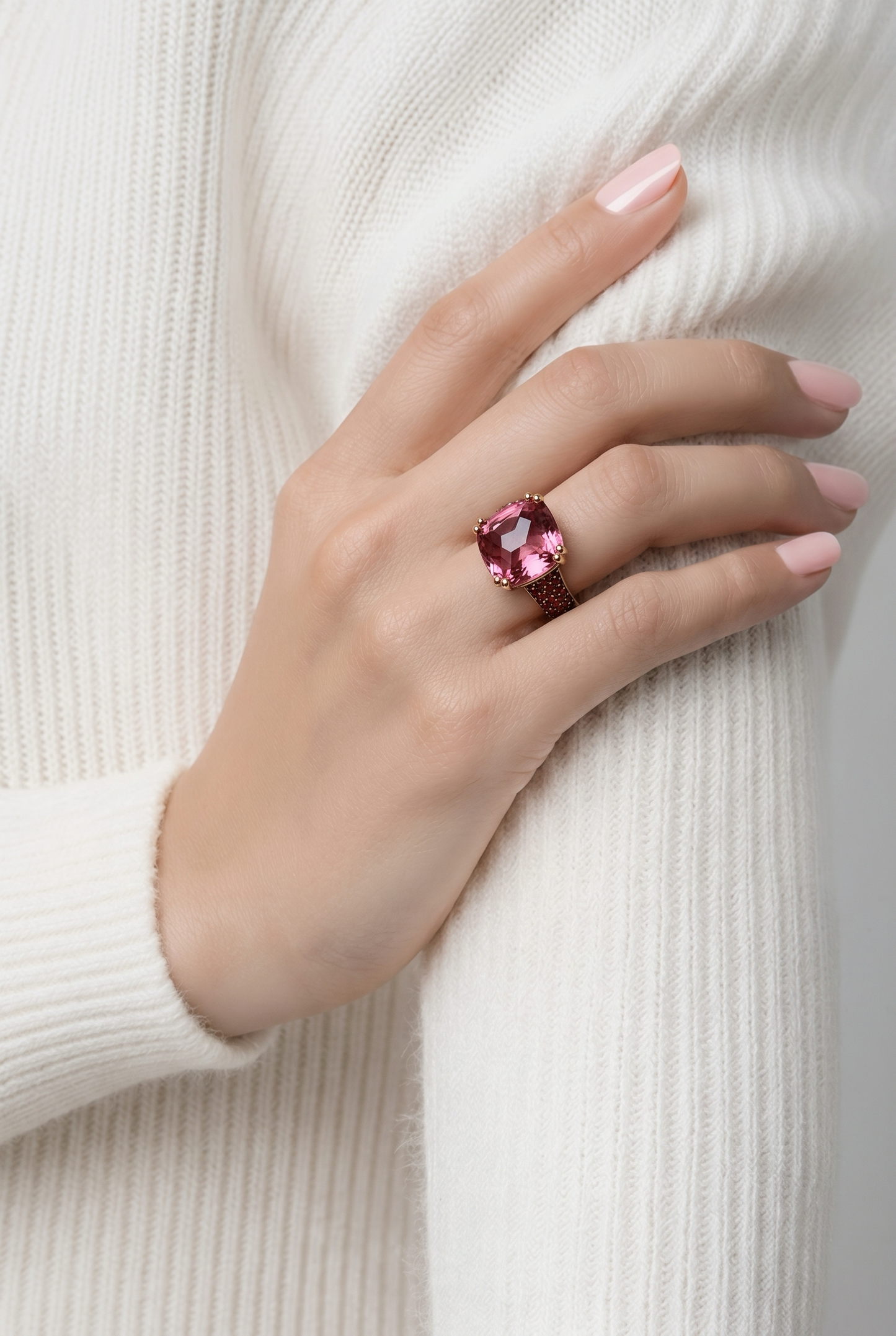 Bague cocktail bordeaux Prisma Gem carré 12mm pavé zircons Golden Rosé - Trendy's Jewels