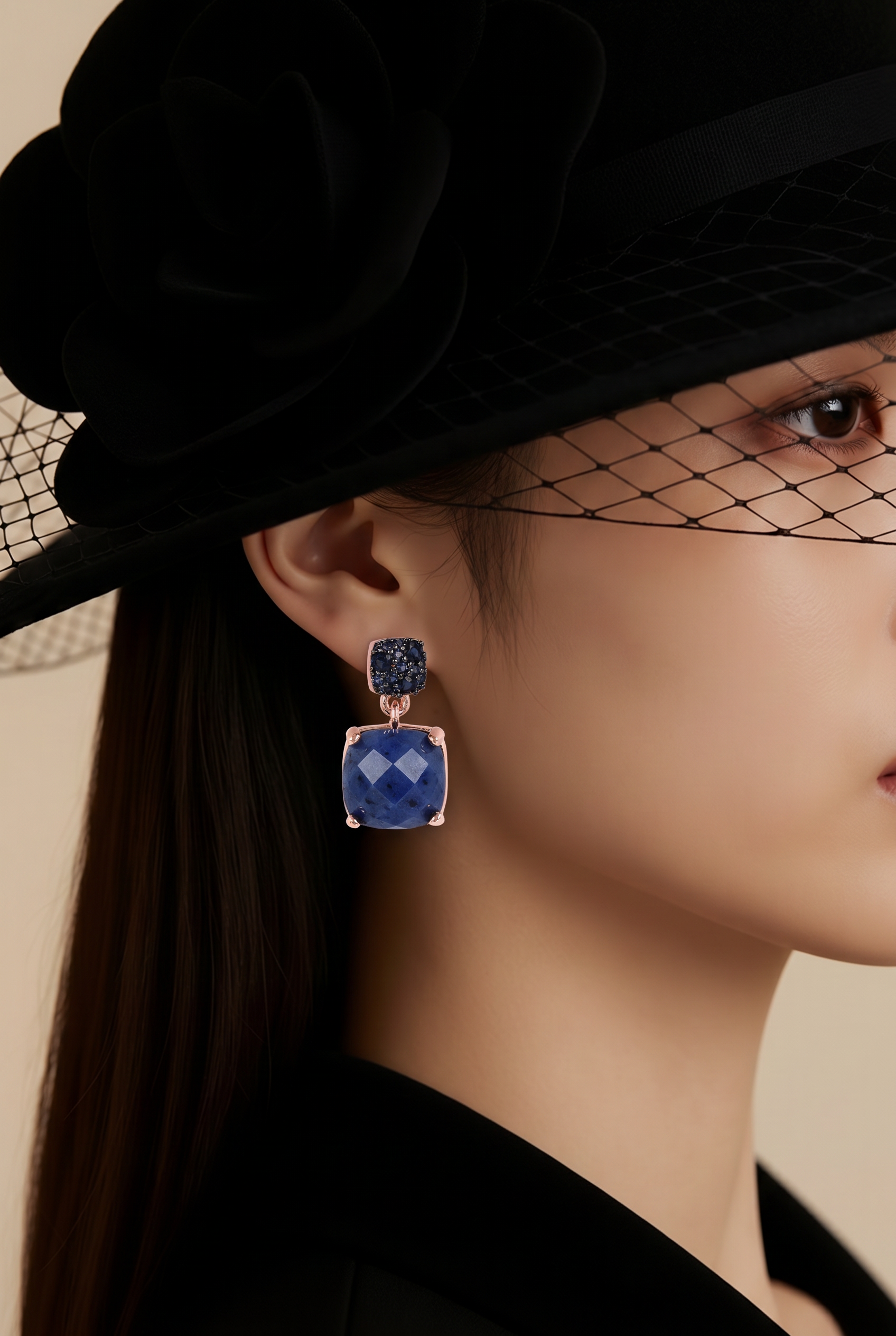 Boucles d'oreilles pendantes carrées pierres naturelles pavé zircons bleus Golden Rosé - Trendy's Jewels