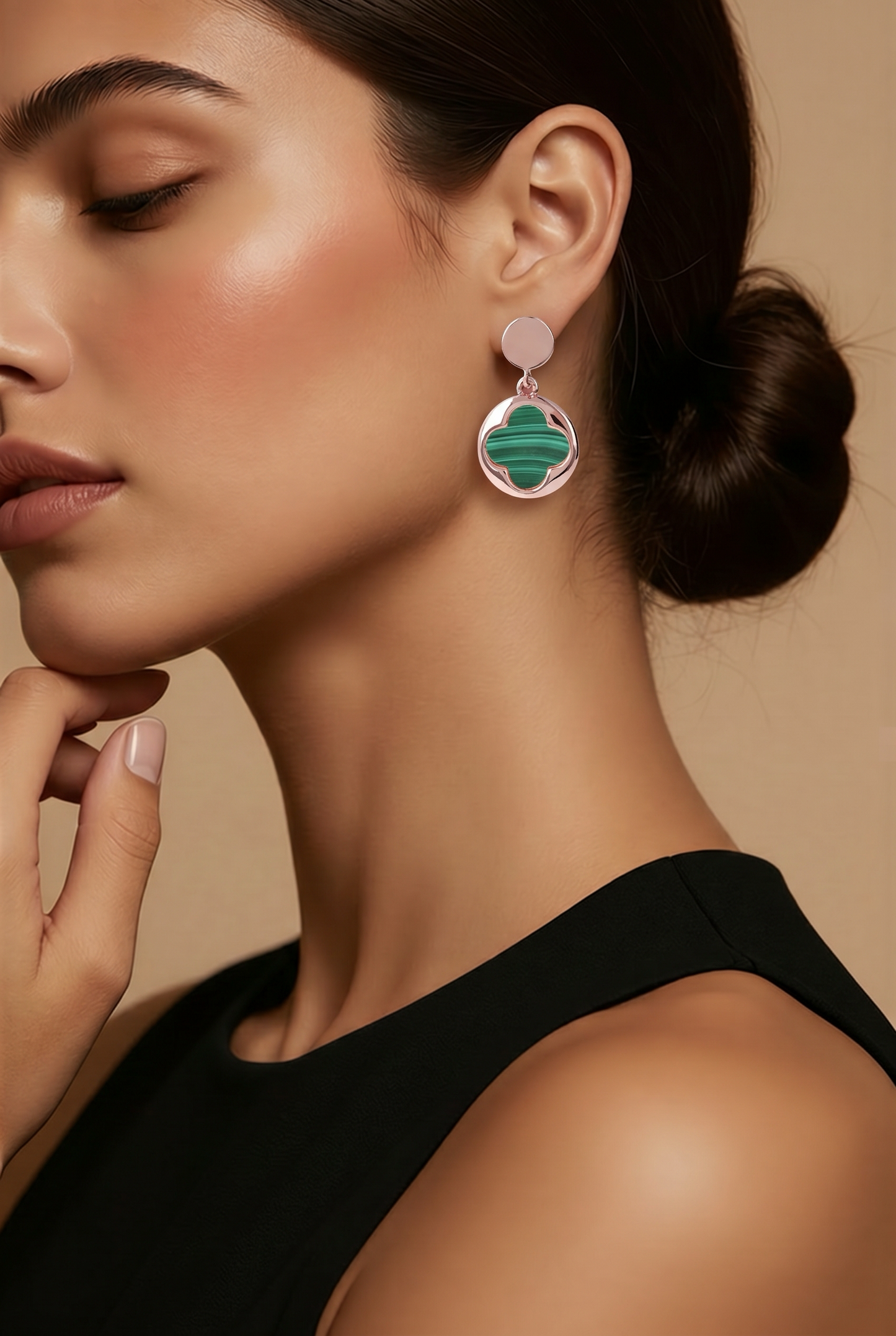 Boucles d'oreilles pendantes trèfle pierre naturelle Golden Rosé 18 carats - Trendy's Jewels