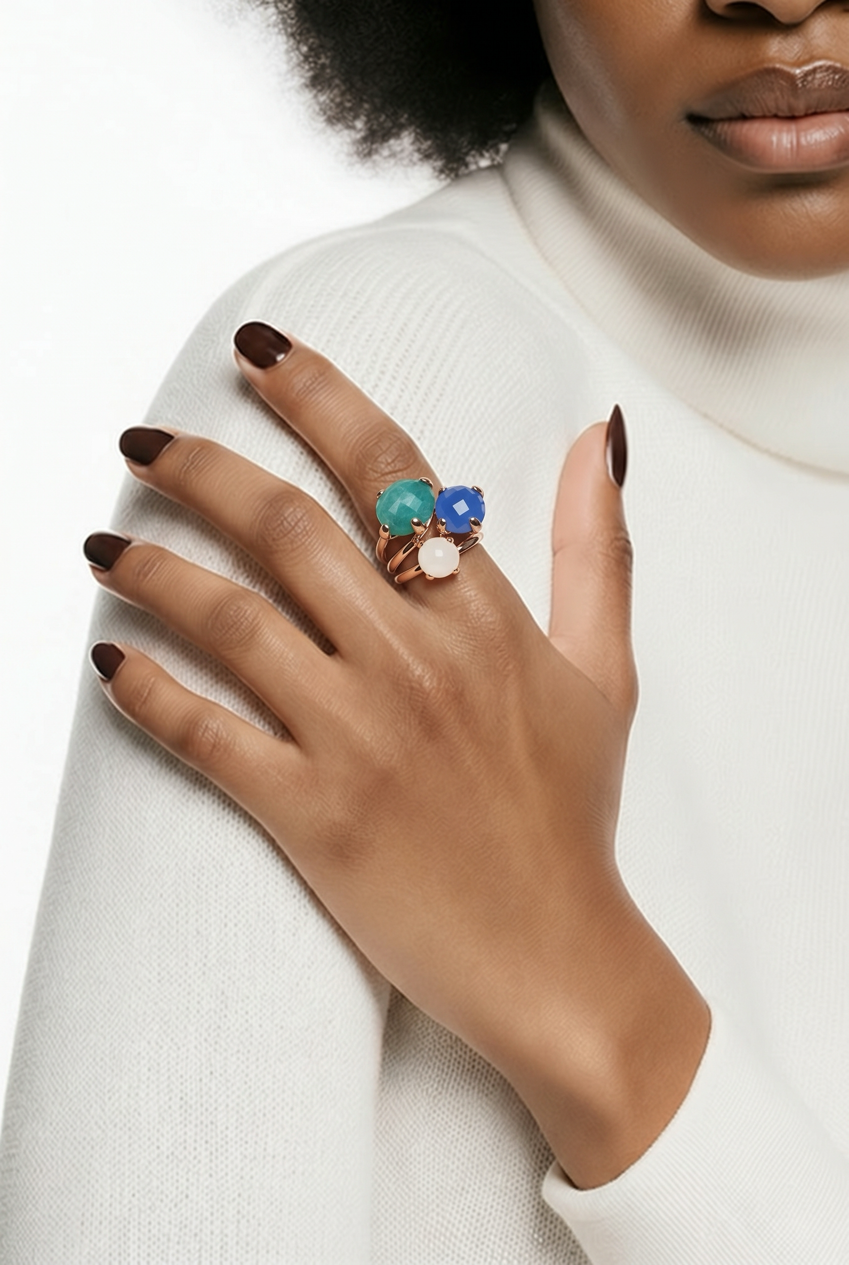 Bague trio multirangs Golden Rosé 18 carats 3 pierres naturelles facettées taille 56 - Trendy's Jewels