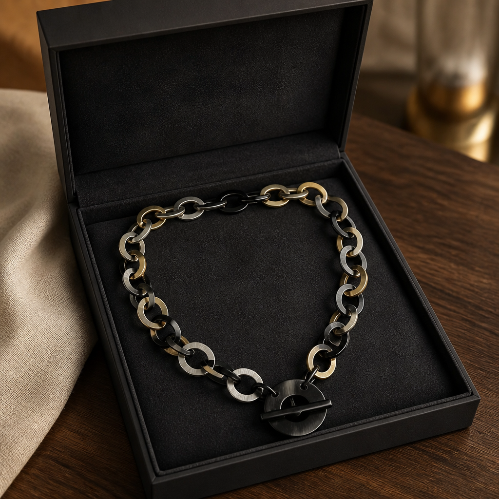 Collier corne zamak doré porté, vue de face - Trendy's Jewels