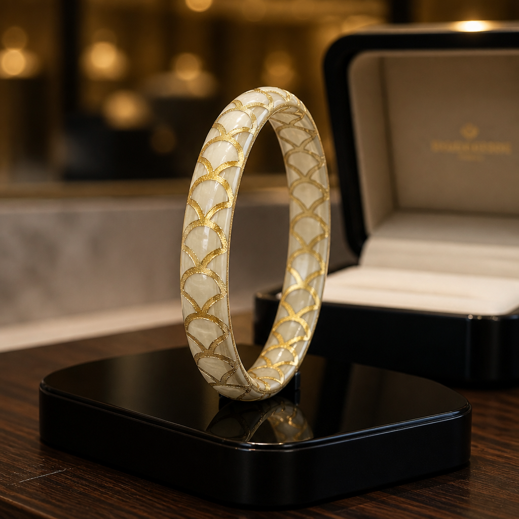 Détail motif snake gold sur corne naturelle ivoire - Trendy's Jewels