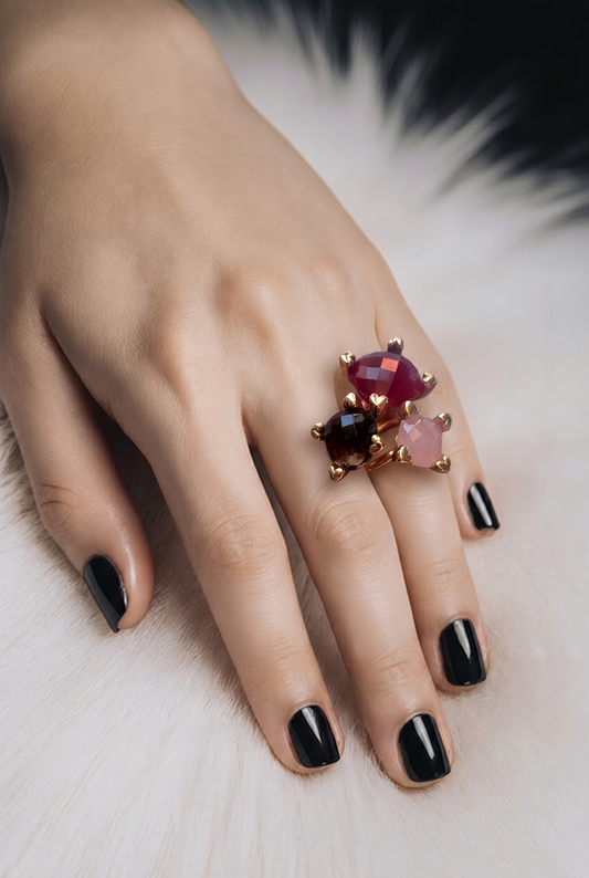 Bague trilogie Golden Rosé 18 carats chatons cœur 3 pierres naturelles colorées taille 54 - Trendy's Jewels