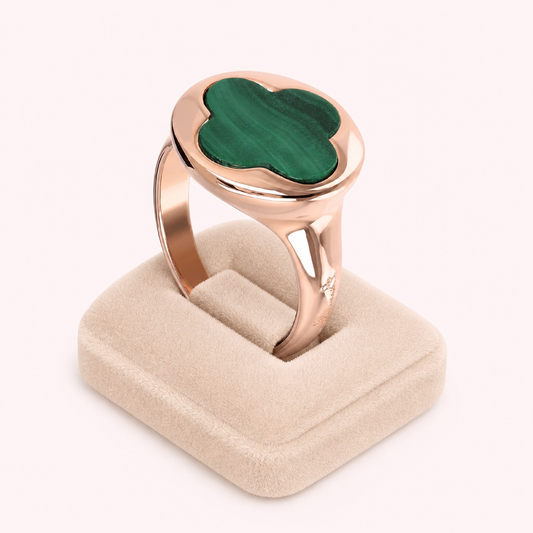 Bague chevalière trèfle 4 feuilles pierre naturelle Golden Rosé 18 carats tailles 54 56 58 - Trendy's Jewels