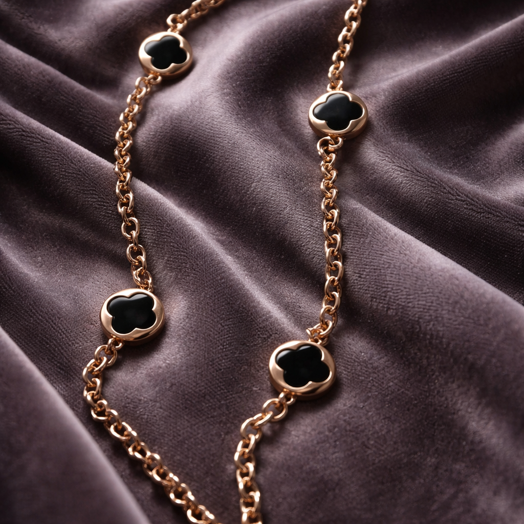 Sautoir trèfle onyx noir mailles forçat plaqué or rose 18 carats 86cm - Trendy's Jewels